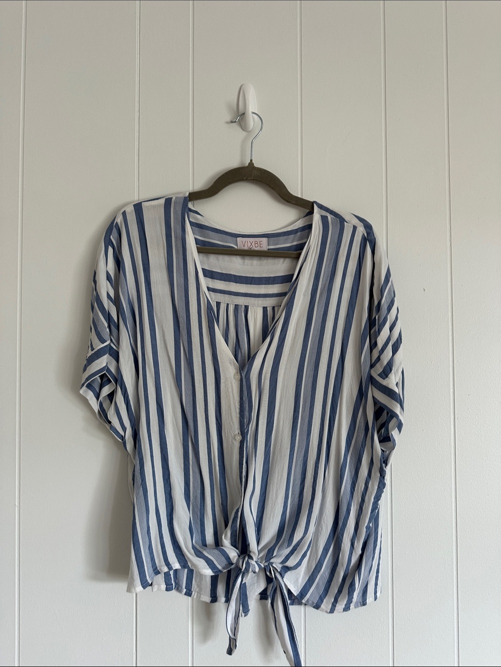Blue and White Striped Tie-Front Blouse